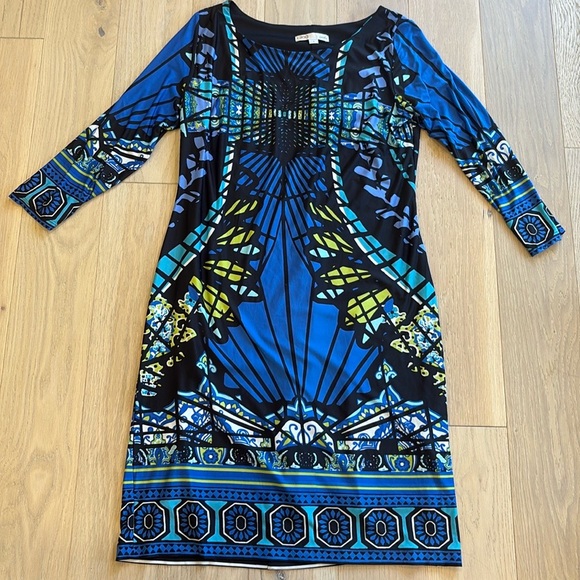 Cleo Blue and Black Sheath Dress with 3/4 Sleeves - Picture 1 of 2